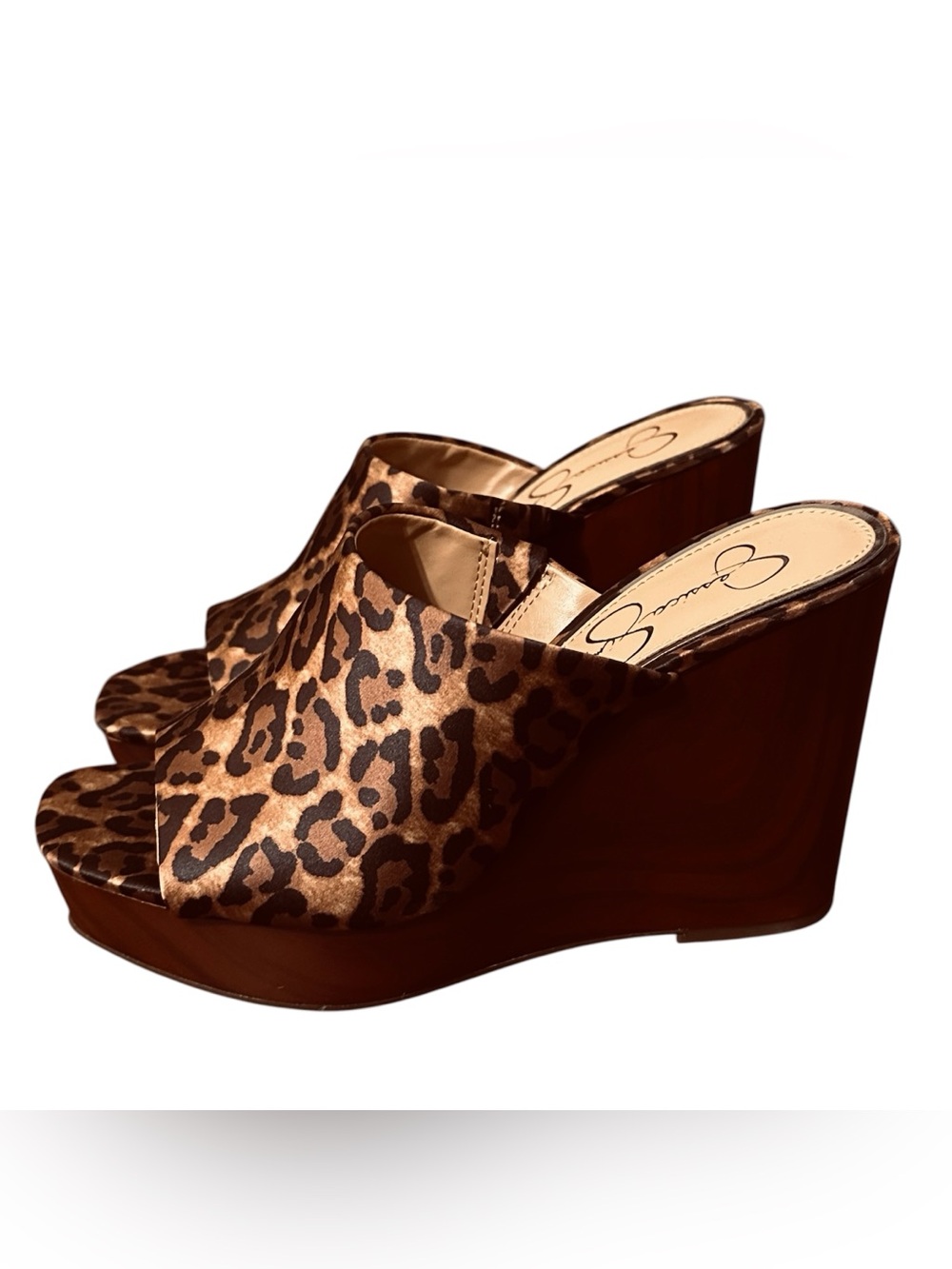 Jessica Simpson Brown Leopard Print Open-Toe Slide Wedge Heels - Picture 2 of 6